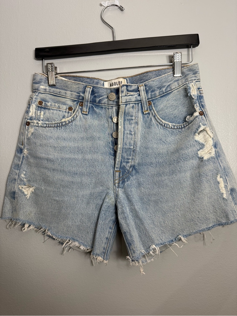 13. AGOLDE Light Wash Distressed High-Rise Denim Shorts - Parker Long